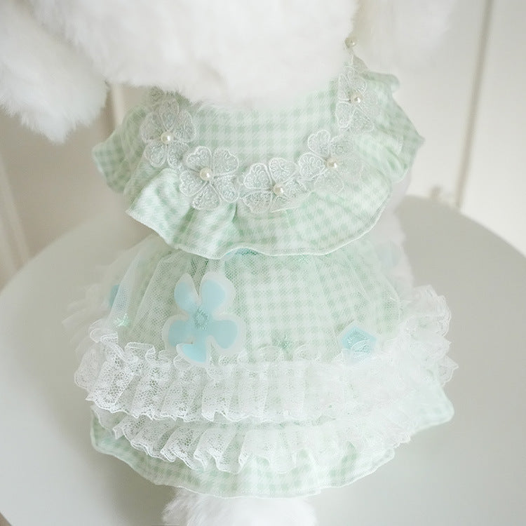 Plaid Flower Decor Tulle Dog Cat Dress