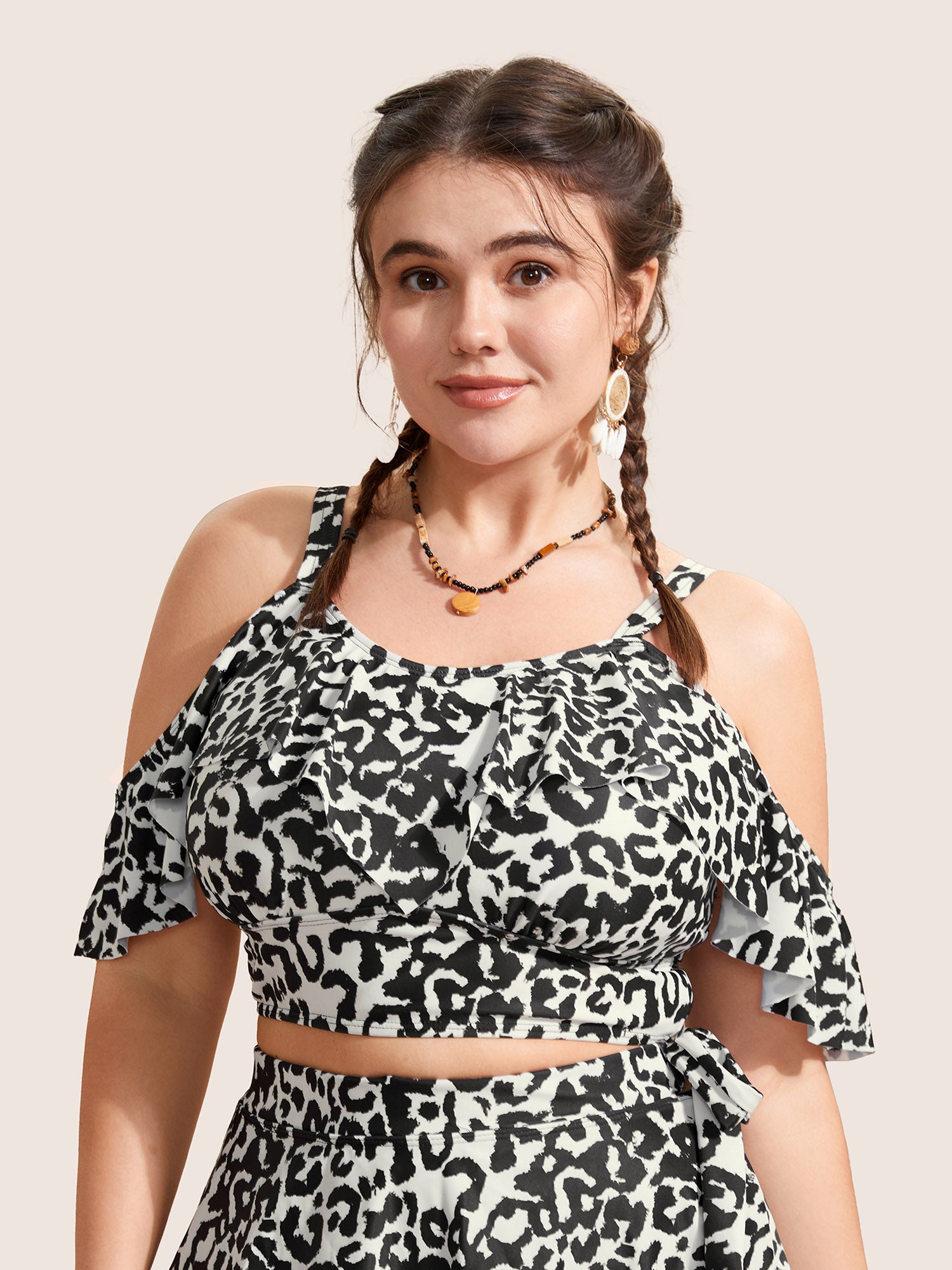 Leopard Print Ruffles Adjustable Straps Swim Top