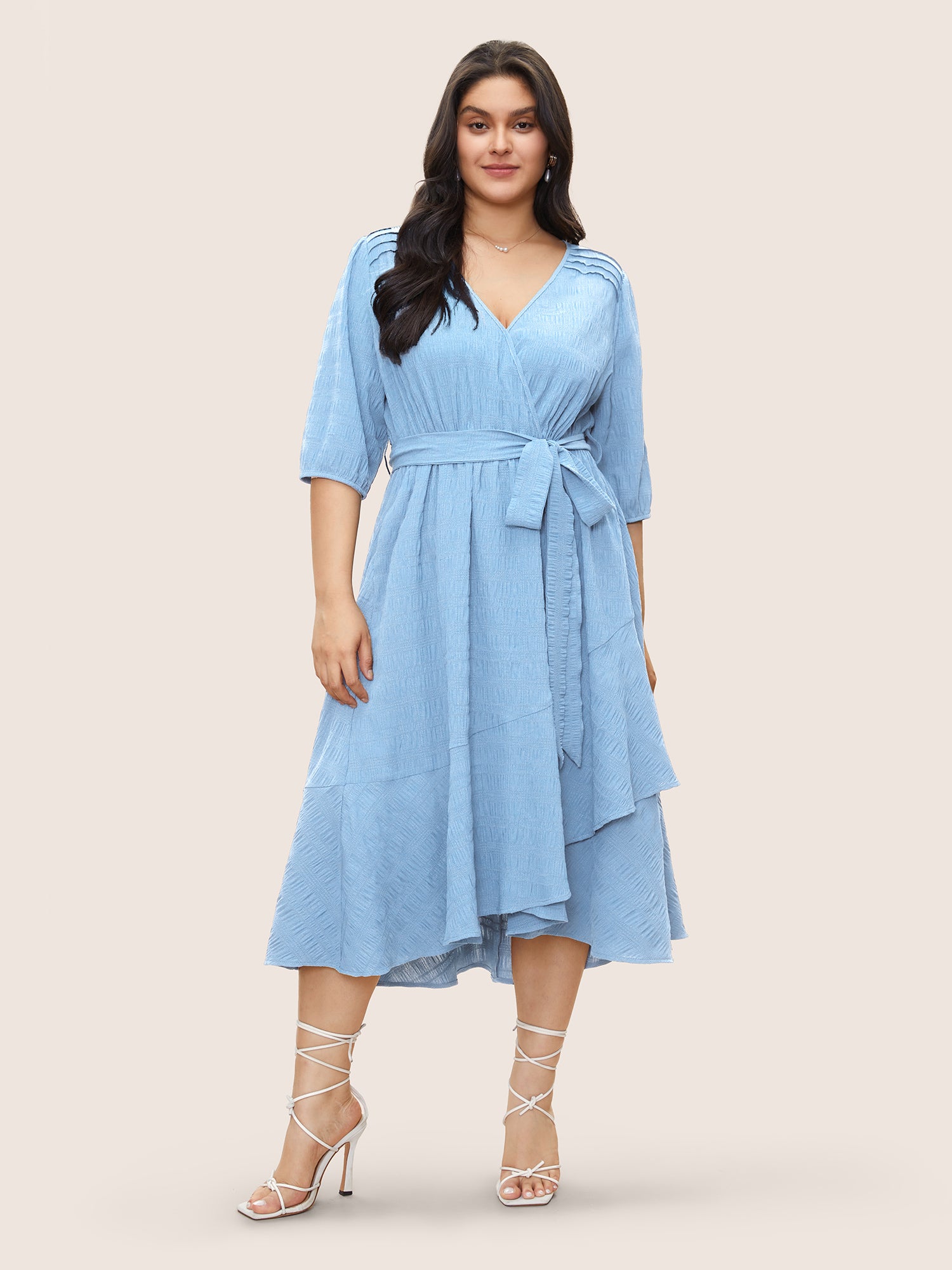 Plisse Overlap Collar Belted Pleated Detail Dress