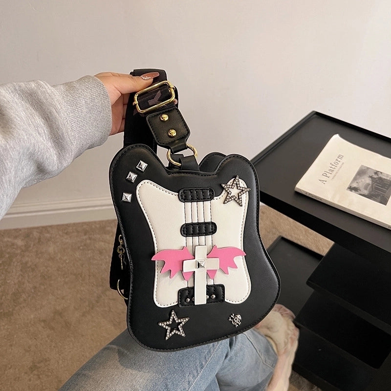 Women's Medium Pu Leather Star Wings Streetwear Guitar Type Zipper Crossbody Bag