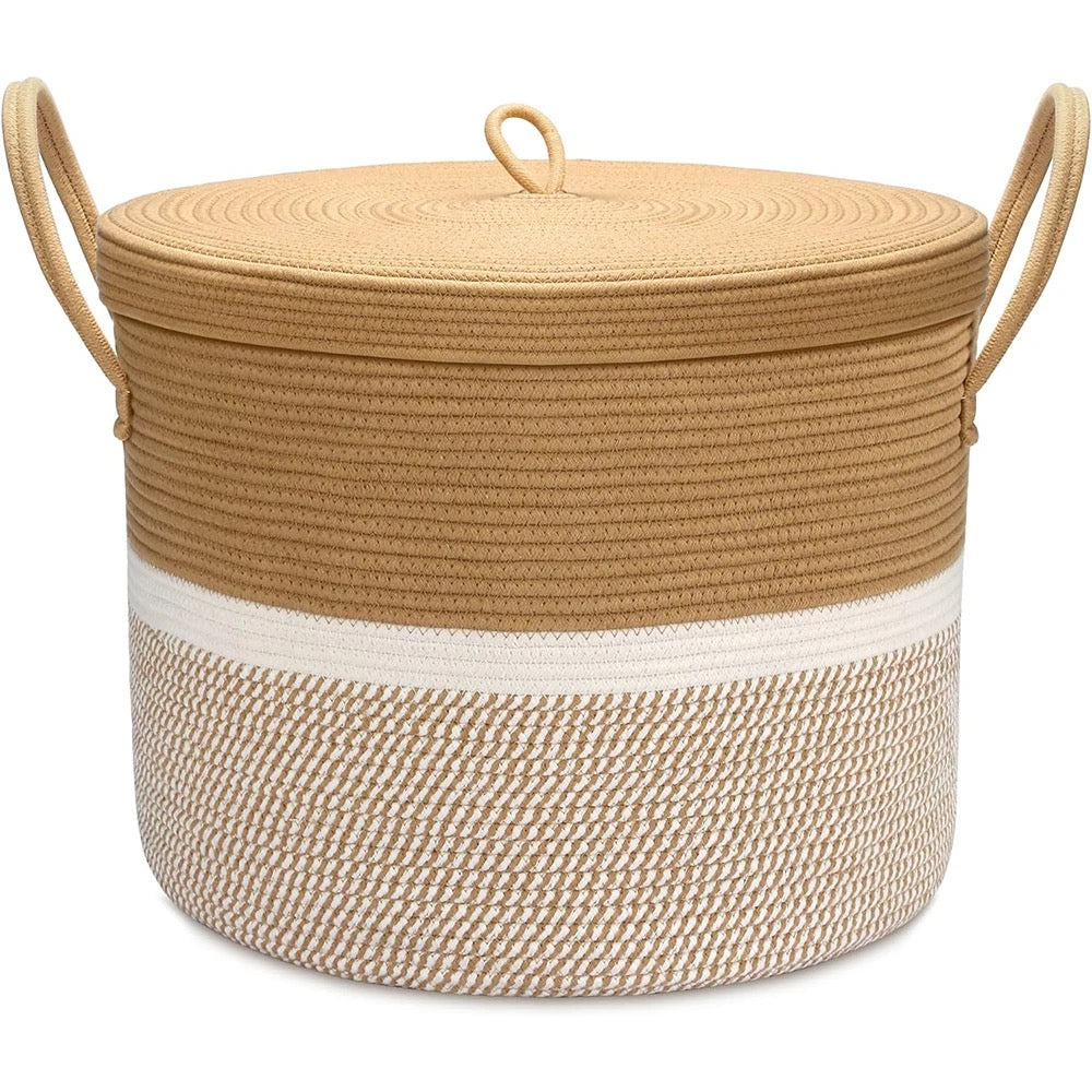 Large Rope Blanket Basket with Lid. Woven Storage Basket Baby Laundry Basket Hamper