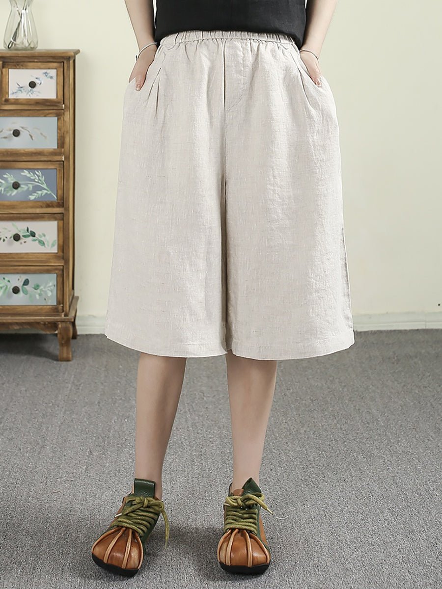 Women Summer Pure Color 100%Linen Wide-leg Fifth Pants