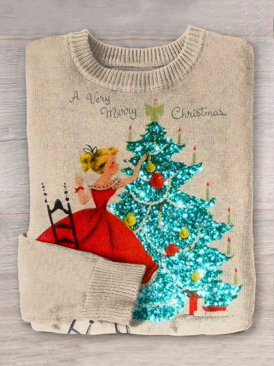 Vintage Christmas Tree Winter Art Print Knit Pullover Sweater