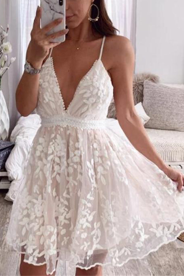 V-Neck Lace Embroidered White Dress