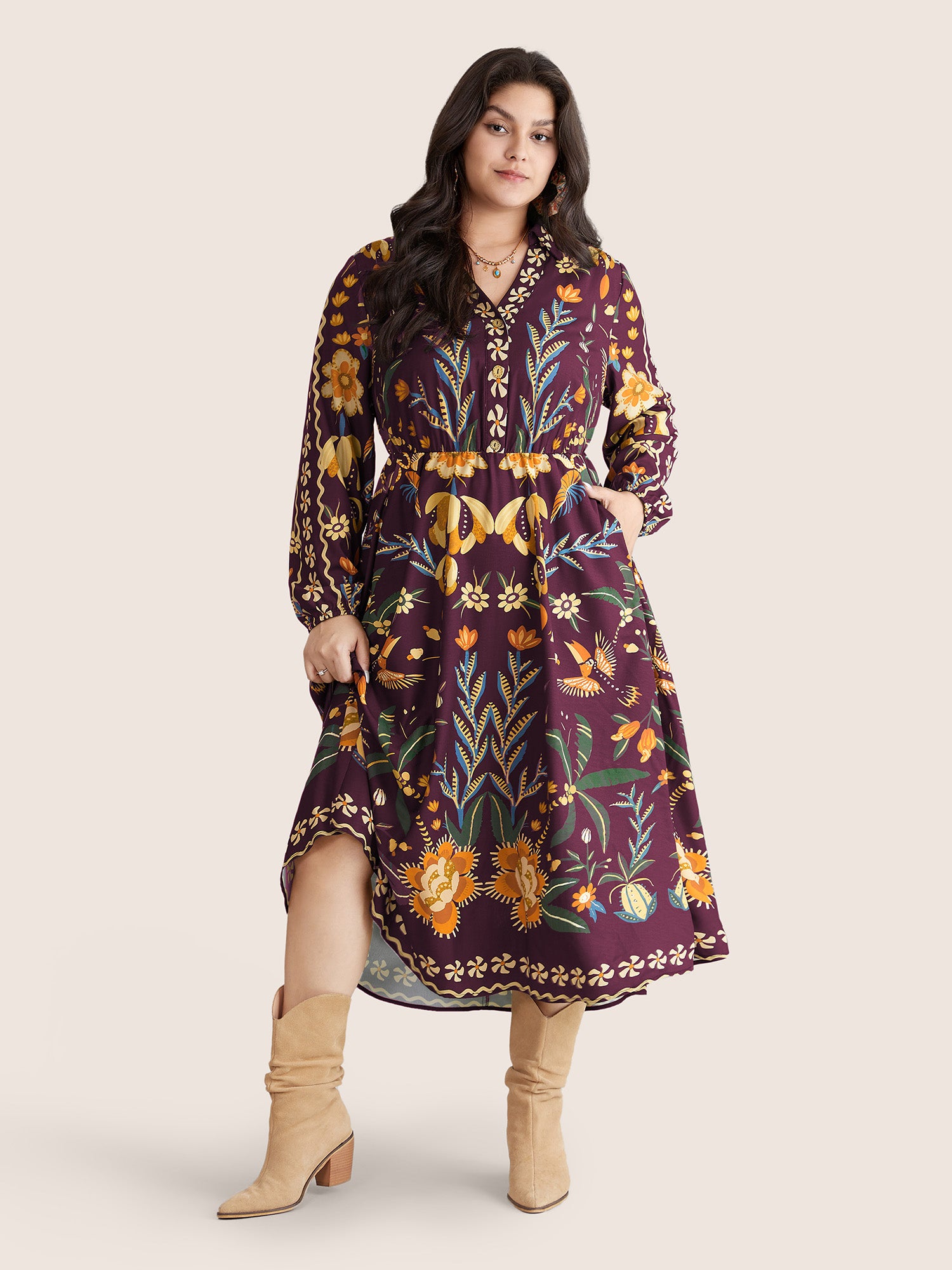 Bandana Print Pocket Lapel Collar Elastic Cuffs Dress