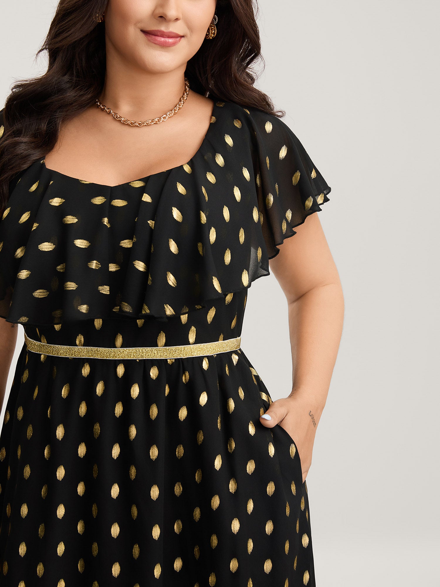 Shimmery Polka Dot Stretchy Waist Midi Dress