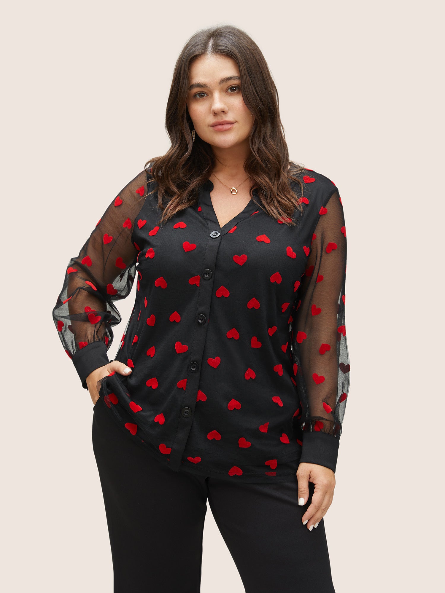 Heart Mesh Patchwork V Neck Blouse