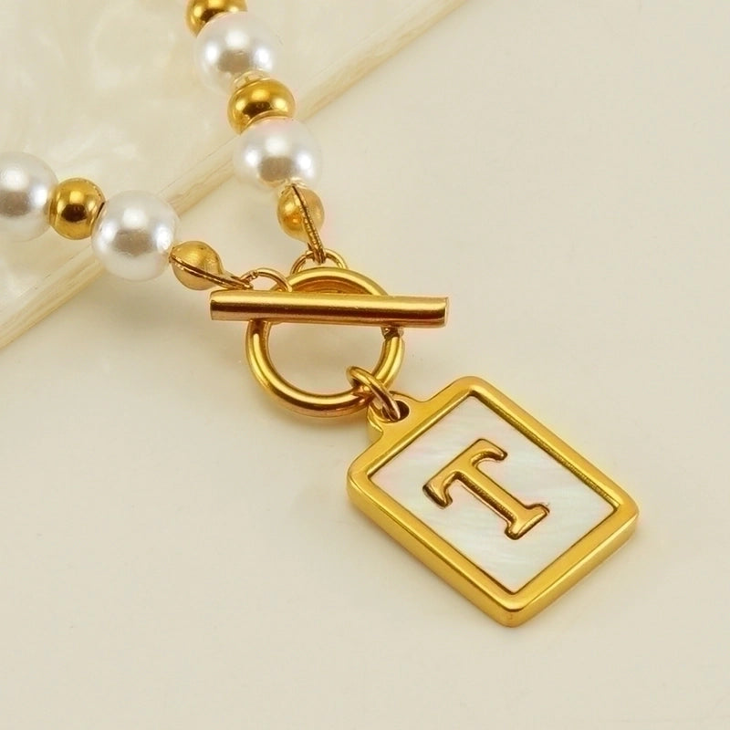 Stainless Steel 18K Gold Plated Elegant French Style Pearl Plating Inlay Letter Shell Pendant Necklace