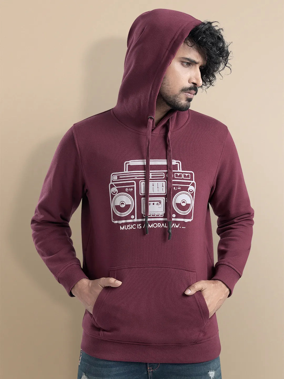 Men's Radio Print Burgundy Hoodie