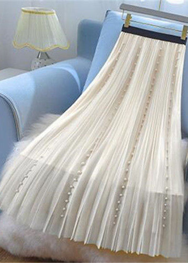 Modern Green Elastic Waist Nail Bead Tulle Pleated Skirts Spring