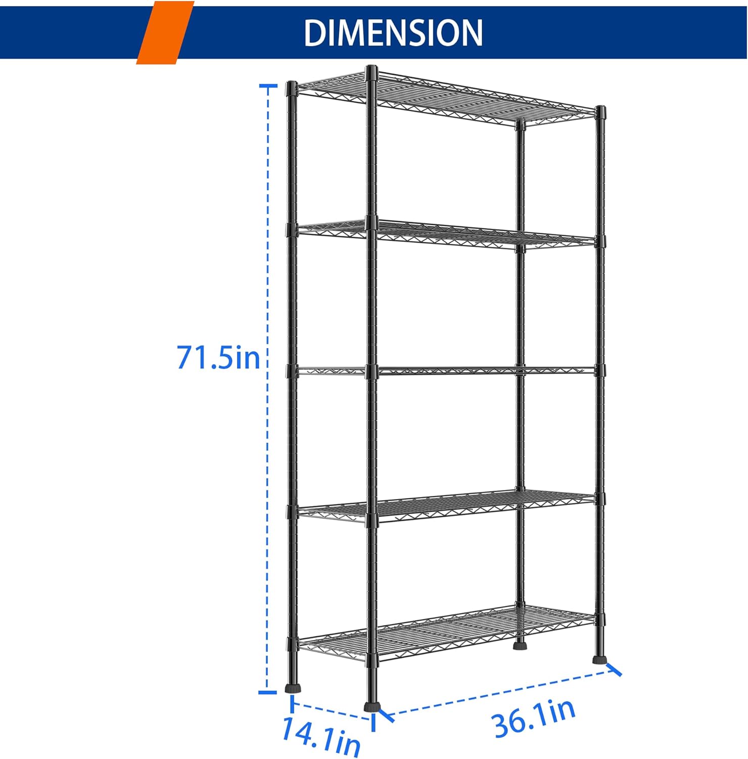REGILLER 5-Wire Shelving Metal Storage Rack Adjustable Shelves,Standing Storage Shelf Units for Laundry Bathroom Kitchen Pantry Closet(Black,11.8