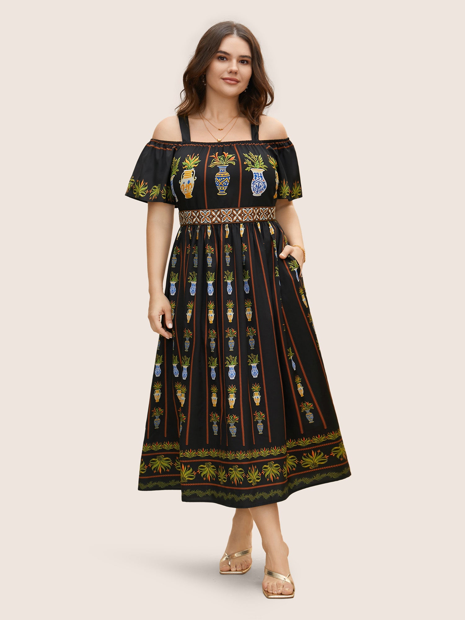 Boho Print Off Shoulder Woven Ribbon Dress