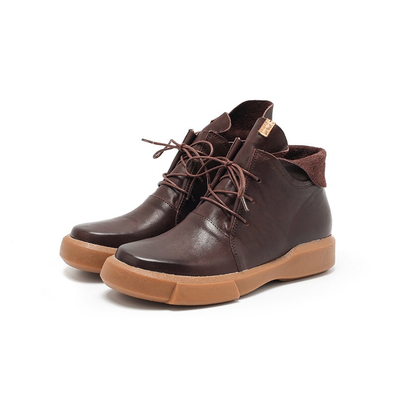 Cowhide Leather Lace-Up Lightweight Short Fold Over Collar Boots Caramel Red/Brown/Black