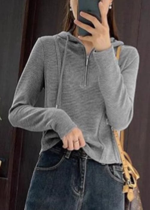 Women Grey Hooded Zippered Cotton T Shirt Spring