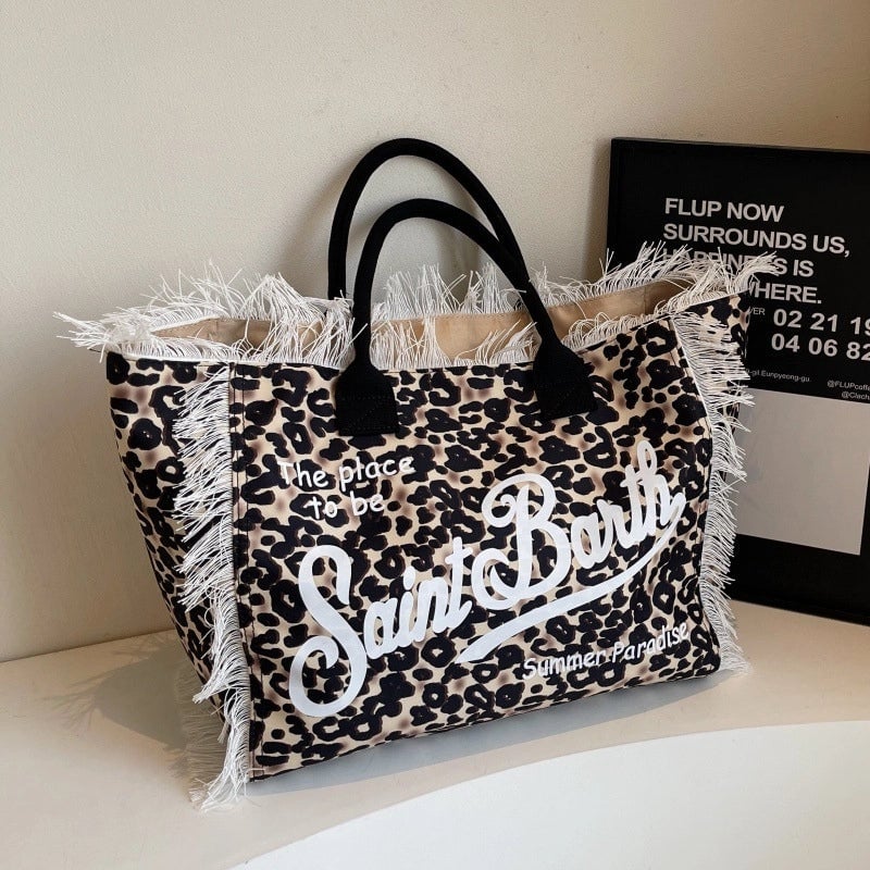 Women's Cloth Letter Leopard Streetwear Tassel Square Open Tote Bag