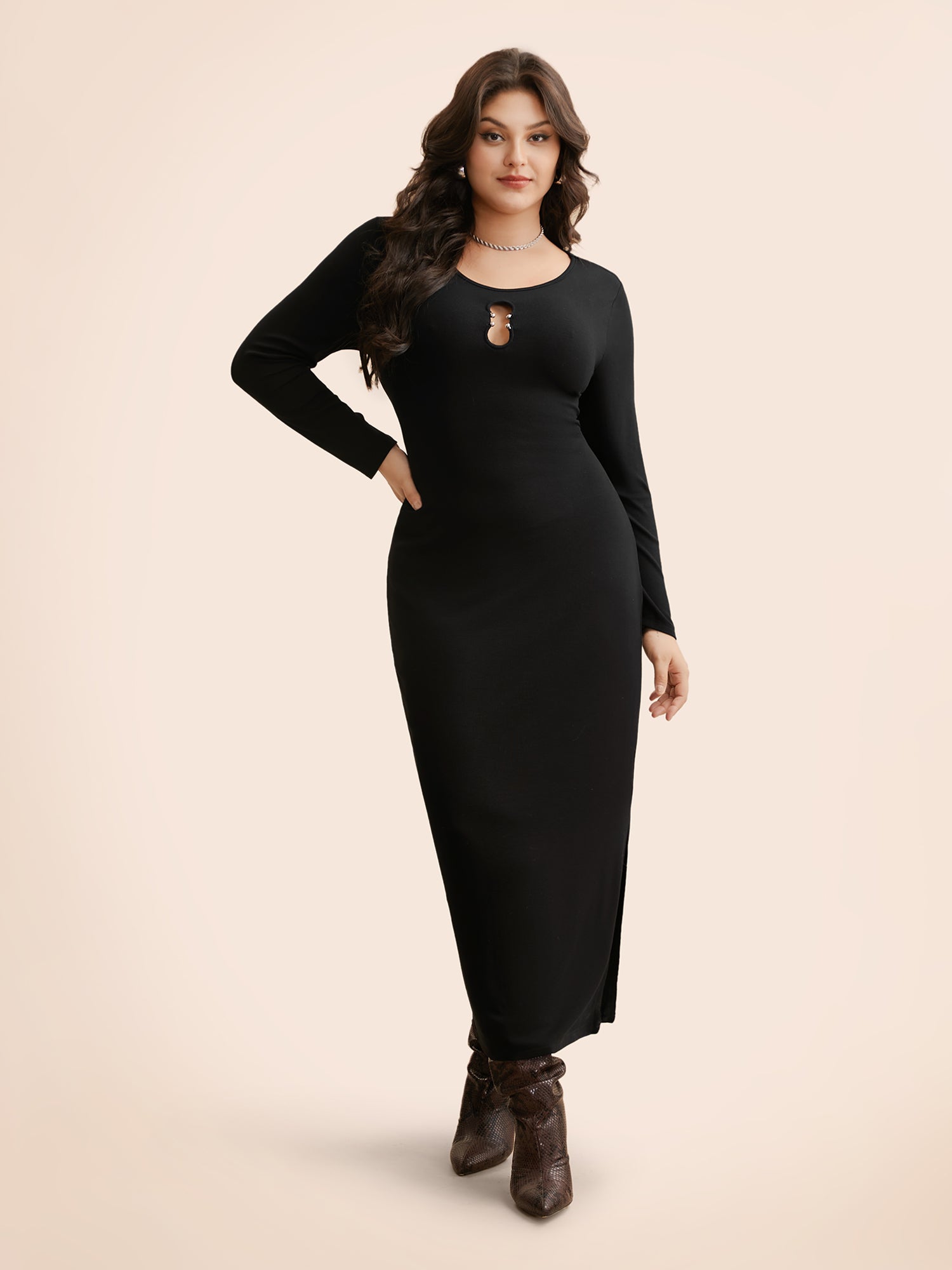 Metal Detail Keyhole Split Hem Dress