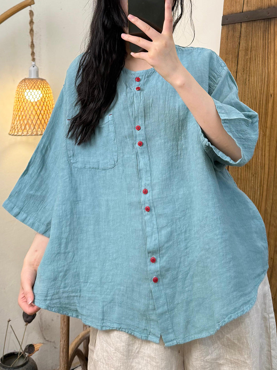 Women Summer Artsy Pure Color O-Neck 100%Linen Shirt