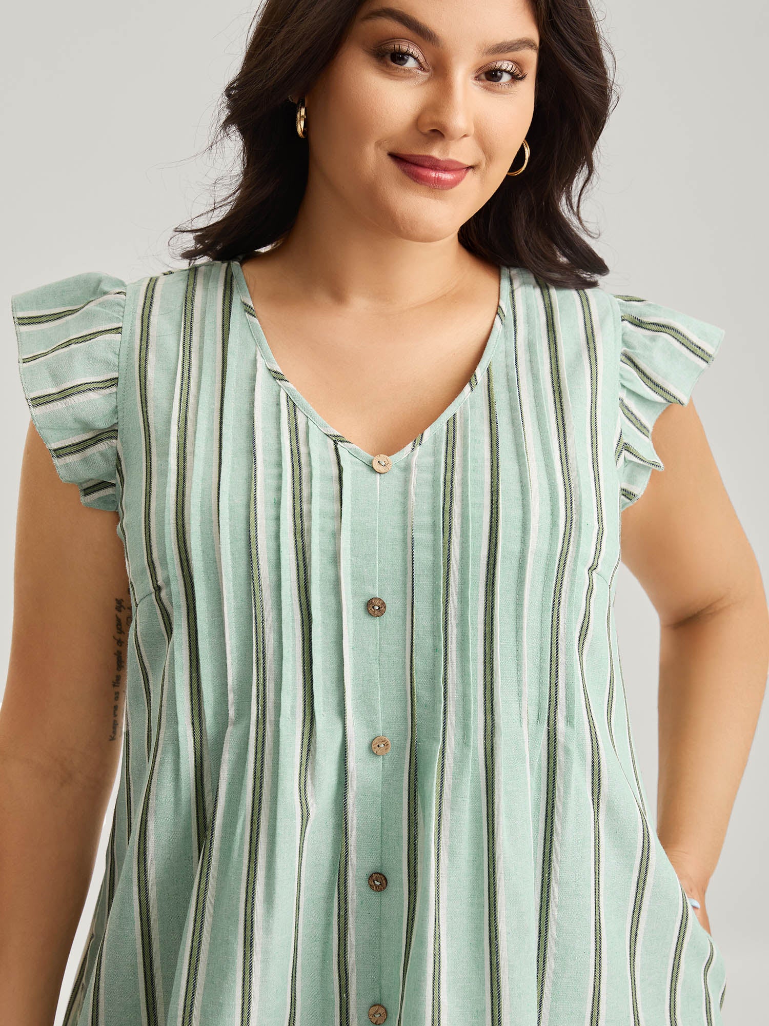 Pleated Front Stripes Pockets Midi Dress