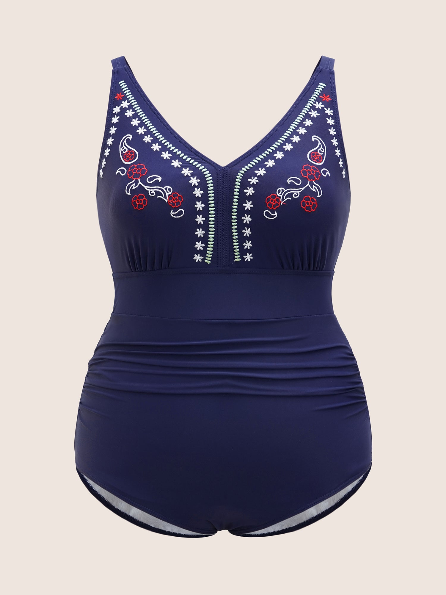 V Neck Floral Embroidered Ruched One Piece Swimsuit