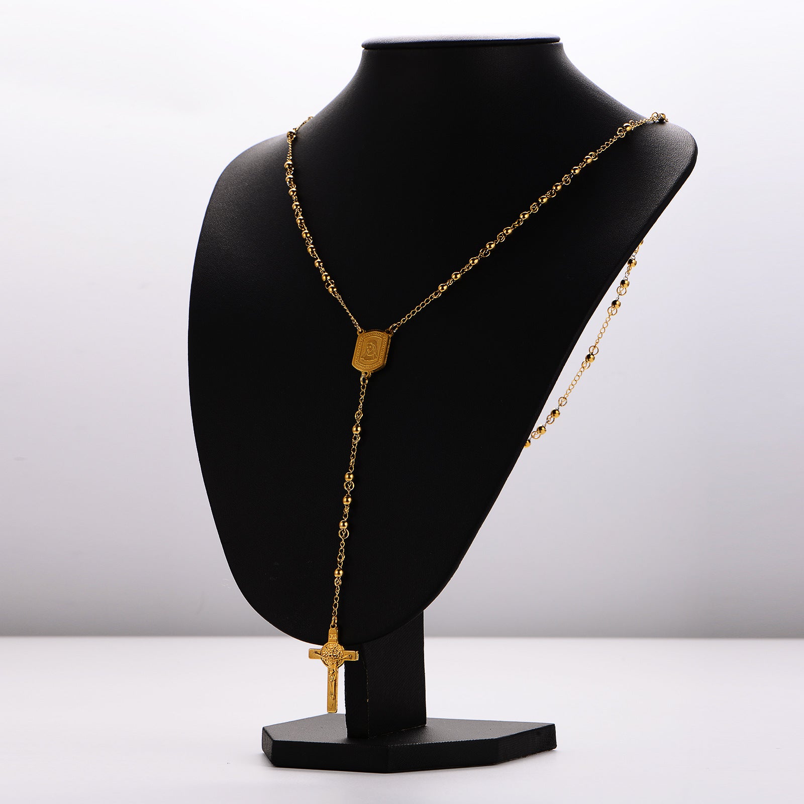 Aml Fashion Stainless Steel Round Beads Rosary Men And Women Cross Necklace Sweater Chain