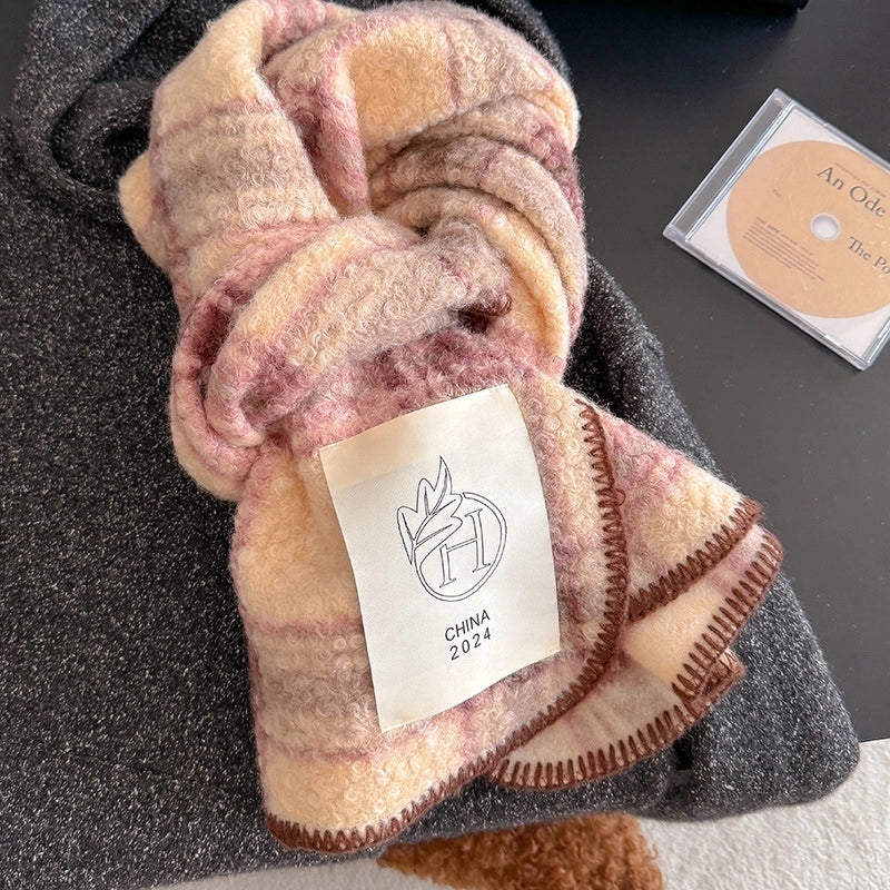 Atmosphere Color-Contrast Check Circle Hair Scarf Women's Winter Warm All-Matching Affordable Luxury Fashion Temperament Shawl