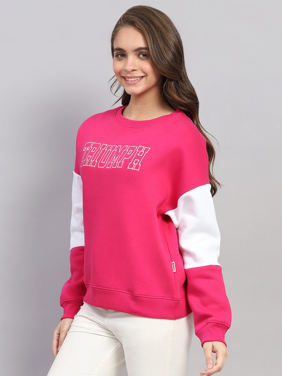 Women Pink Printed Round Neck Full Sleeve Sweatshirt