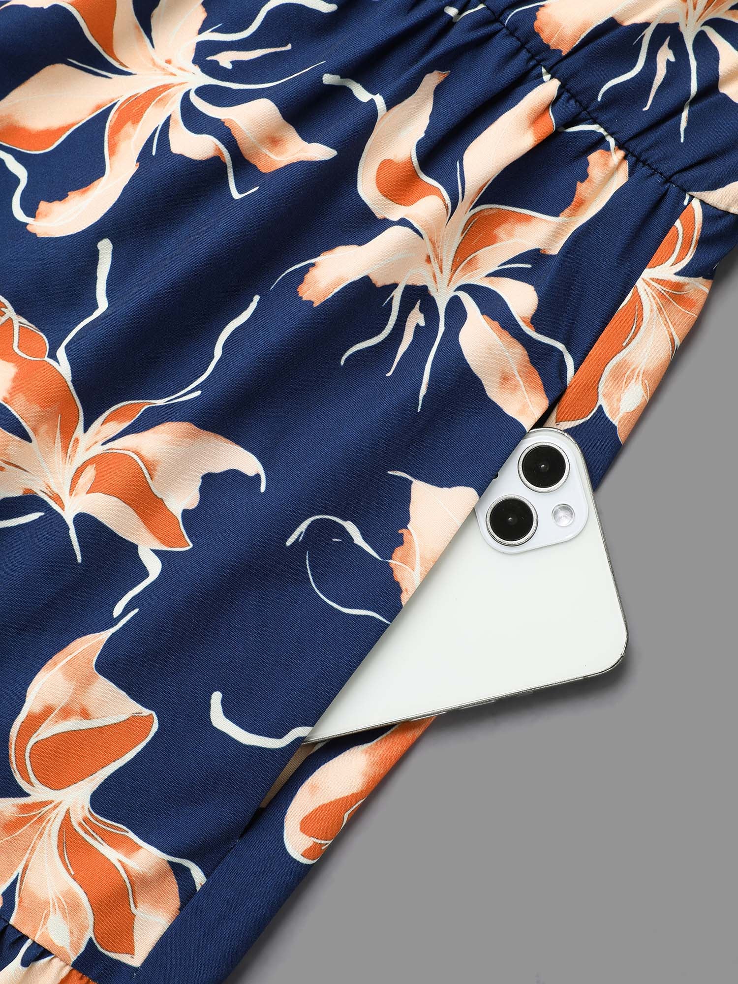 Tropical Flower Print Pockets Waist-Tie Midi Dress