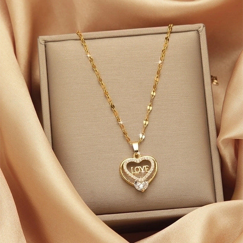 3 Pieces Lady Heart Shape Flower Titanium Steel Plating Inlay Zircon Gold Plated Pendant Necklace