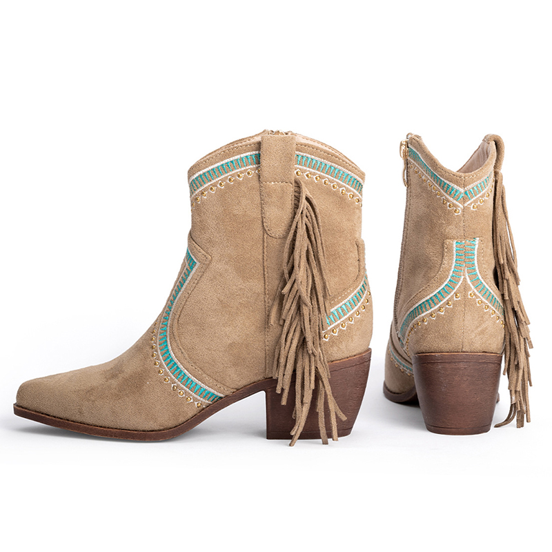 Contrast Binding Tassels Zipper Chunky Heels Western Boots