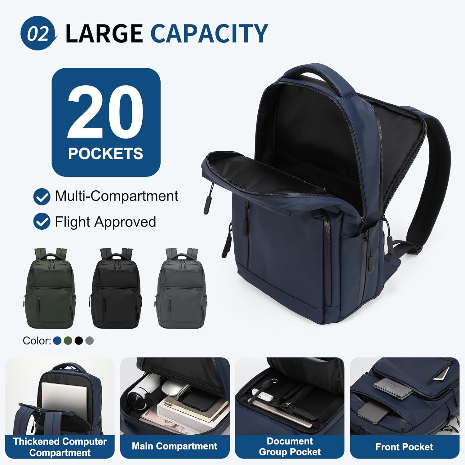 Waterproof Laptop Backpack for Men & Women, Flight Approved Anti-Theft Daypack with 15.6-inch Laptop Sleeve (Black)