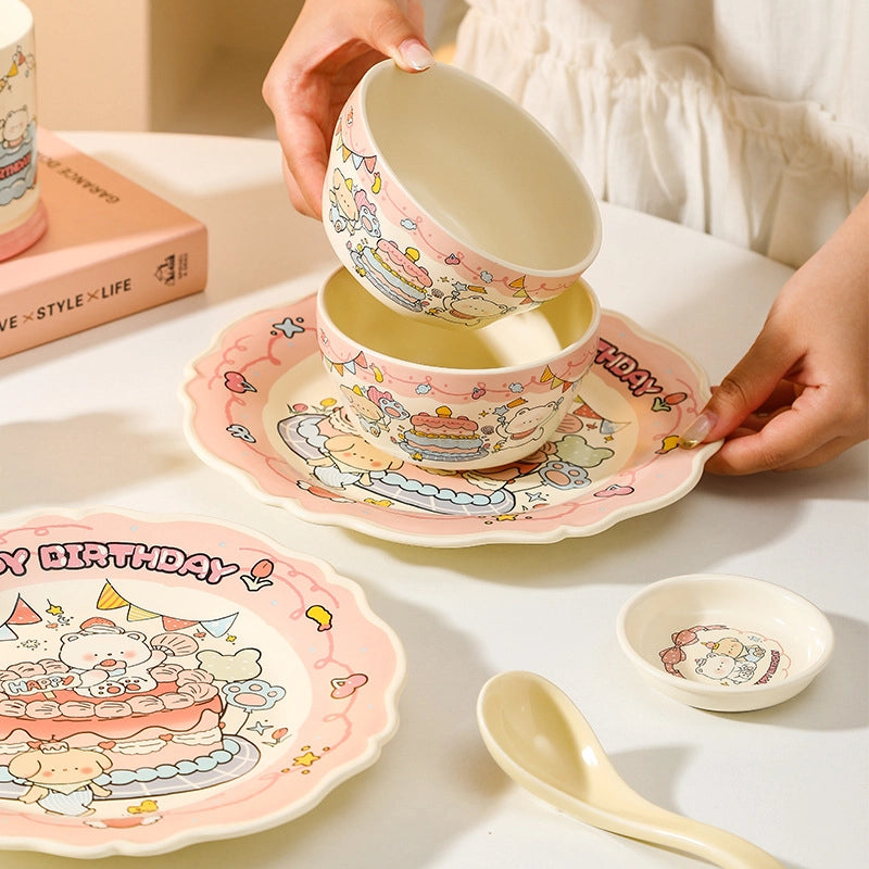 Cute Cartoon Ceramics Plate Bowl Mug 1 Set