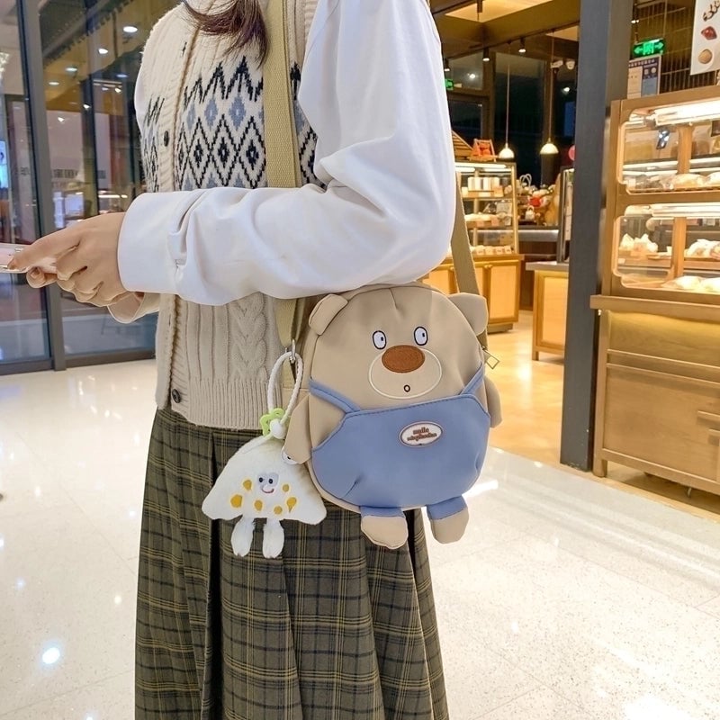Women's Nylon Bear Cute Sewing Thread Zipper Shoulder Bag