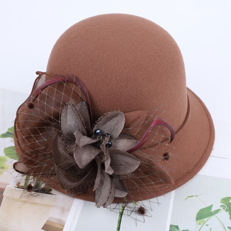 Women's Woolen Autumn And Winter New Dome Bowler Hat Female  Hepburn Style Yarn Flower Basin Hat Flat Brim Elegant Felt Hat