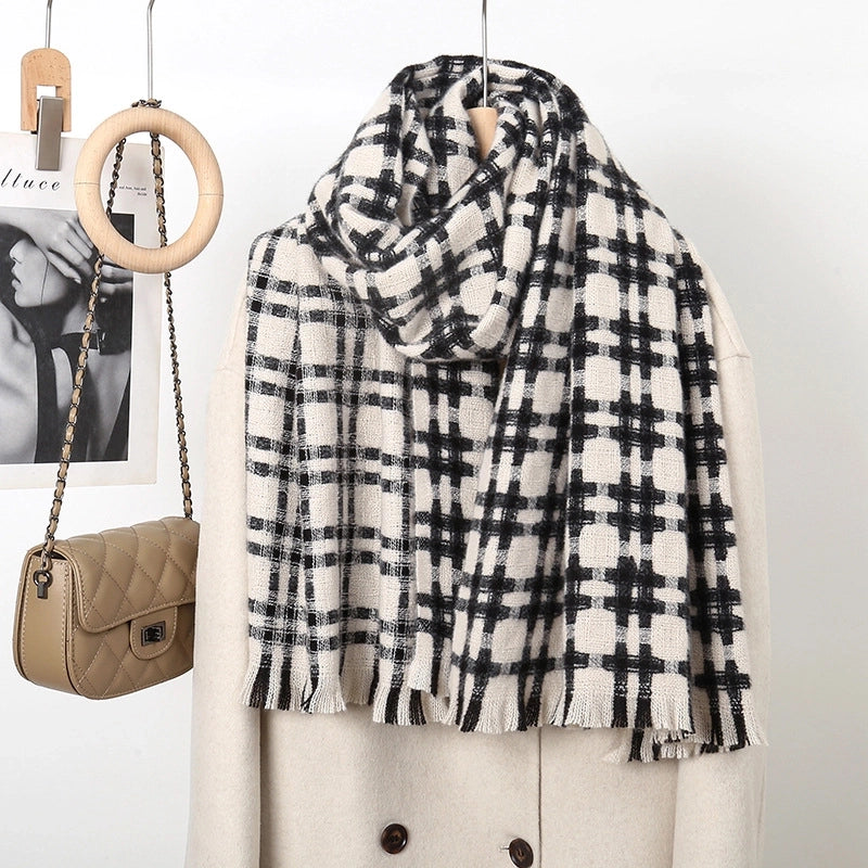 Tic Grid Striped Scarf Women's Winter High Sense  Warm Versatile Winter Bib Shawl Dual-Use