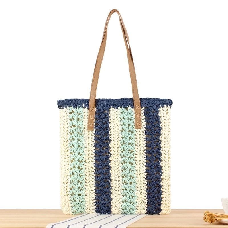 Women's Large Straw Color Block Vacation Zipper Straw Bag