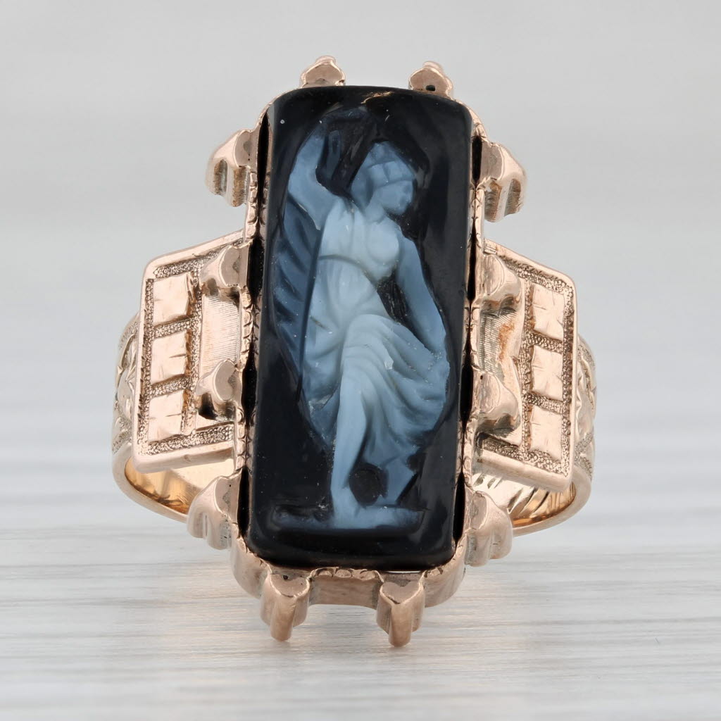 Victorian Carved Figural Black White Chalcedony Cameo Ring 10k Gold Size 4.5