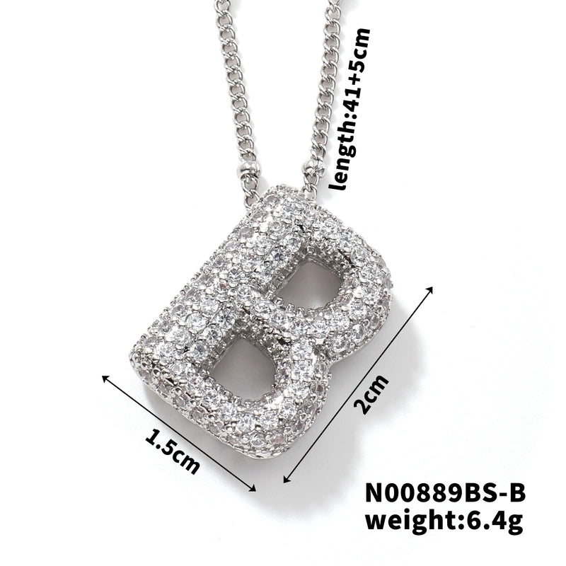 304 Stainless Steel Copper Rhodium Plated Three-dimensional Inlay Letter Zircon Pendant Necklace