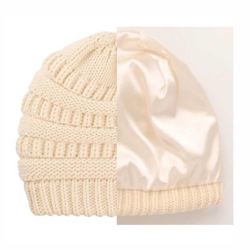 Autumn And Winter Solid Color Knitted Warm Ear Protection Hat Satin Lining Wool Cap Cap Cap Manufacturers Selling