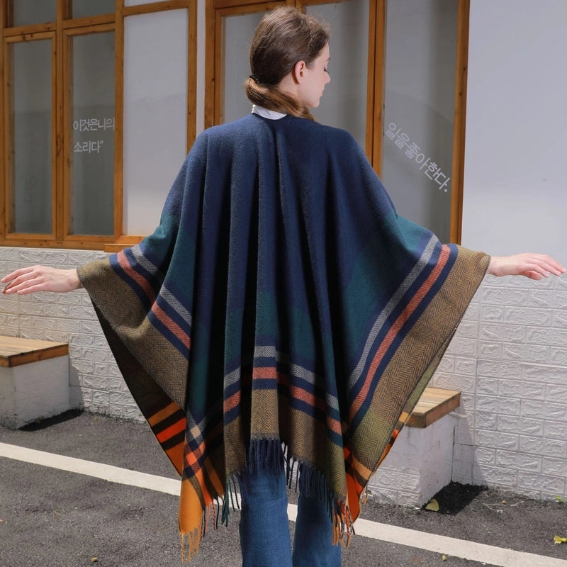 2024 New Color Striped Strap Inverness Women's Jacquard Warm Tassel Cardigan Outer Wear
