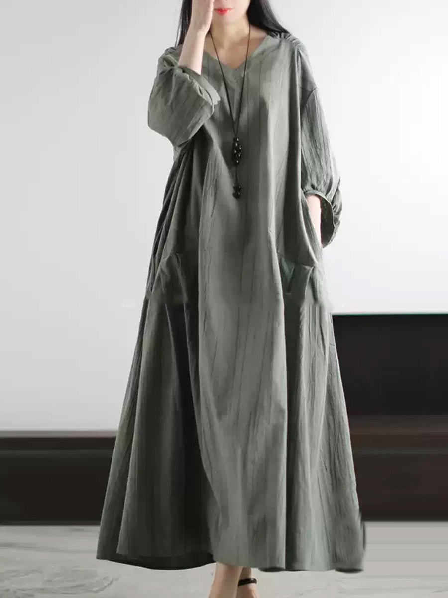 Women Summer Pure Color V-Neck Loose Dress