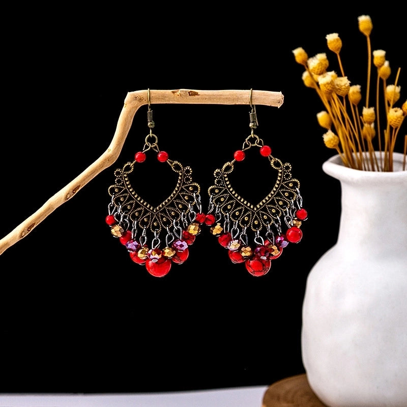 Bohemian Blue Turquoise National Style Earrings Imitation Miao Silver Metal Earrings Vintage Tassel Earrings