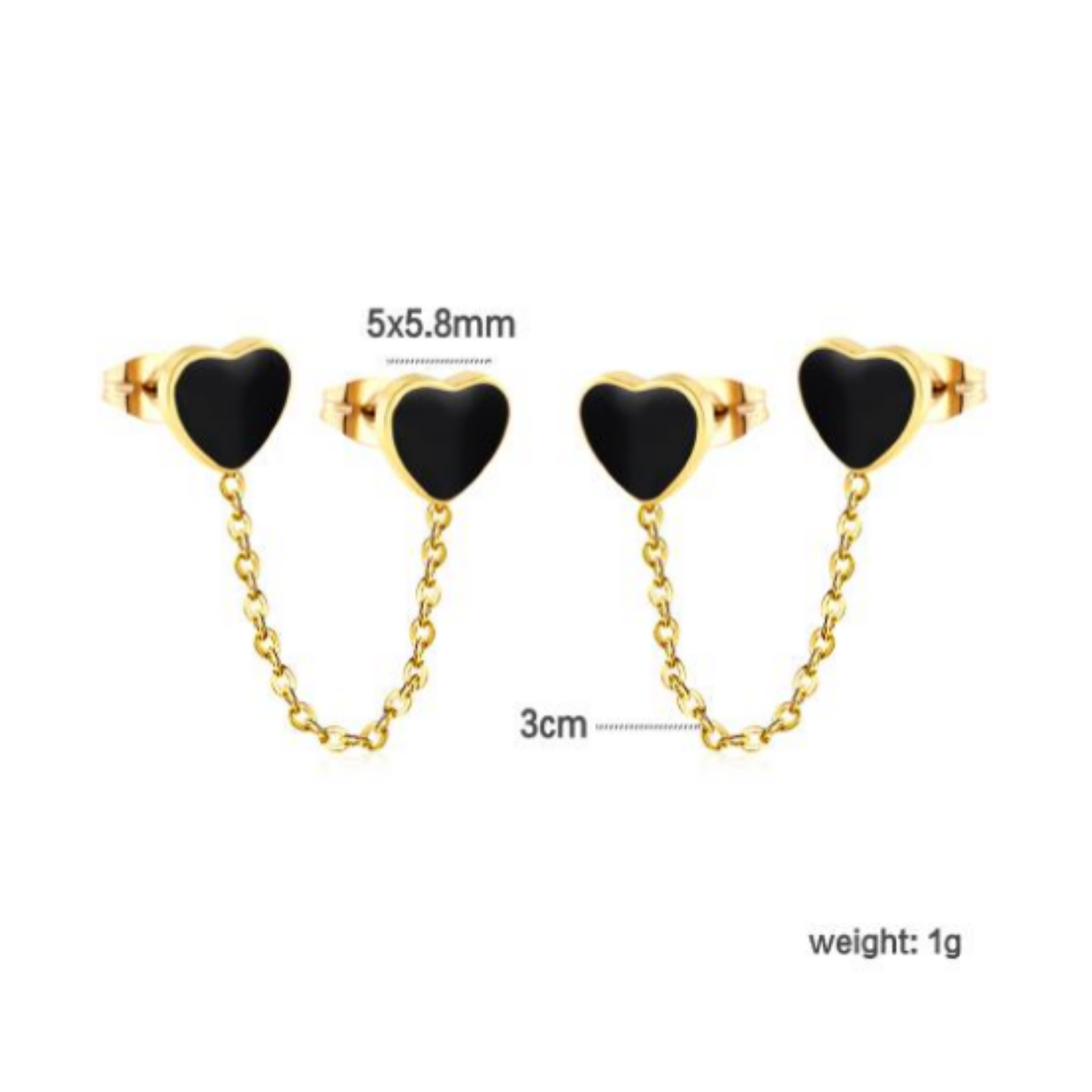Chained black heart studs - Gold