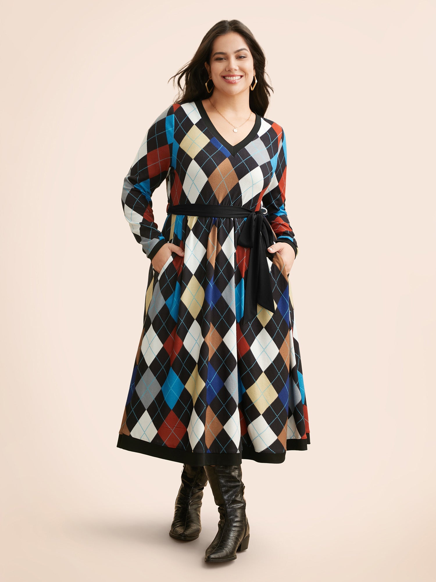 V Neck Colorblock Contrast Belted Dress