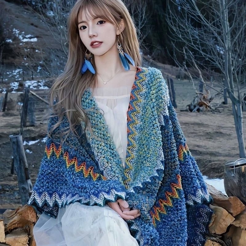 Travel Outside Knitted Shawl Ethnic Style Vintage Cape Cloak Tassel Scarf For Vacation Wear