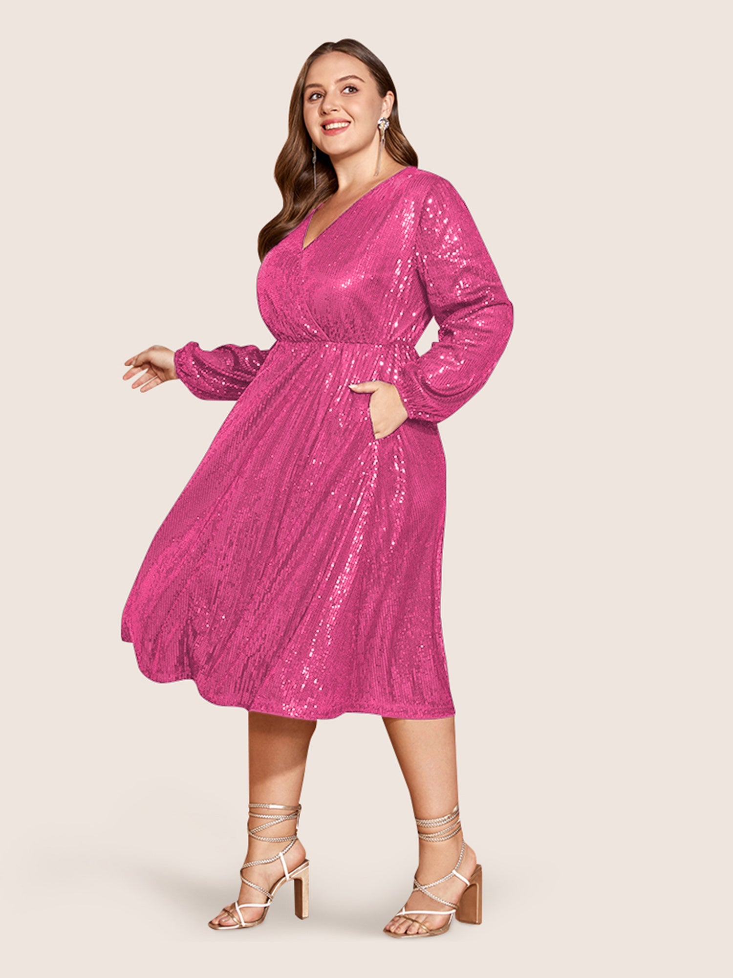 Solid Pocket Lantern Sleeve Wrap Sequin Dress