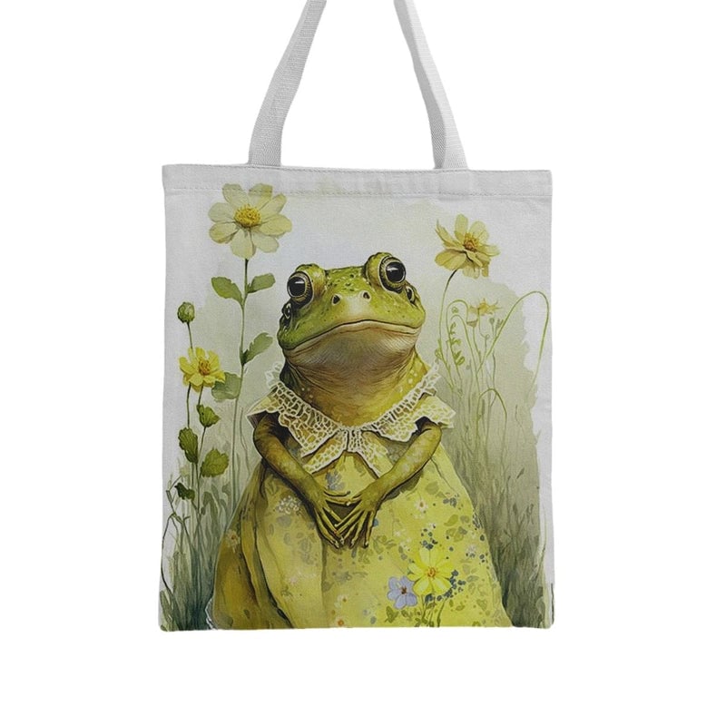 Women's Medium Canvas Frog Basic Classic Style Square Open Canvas Bag