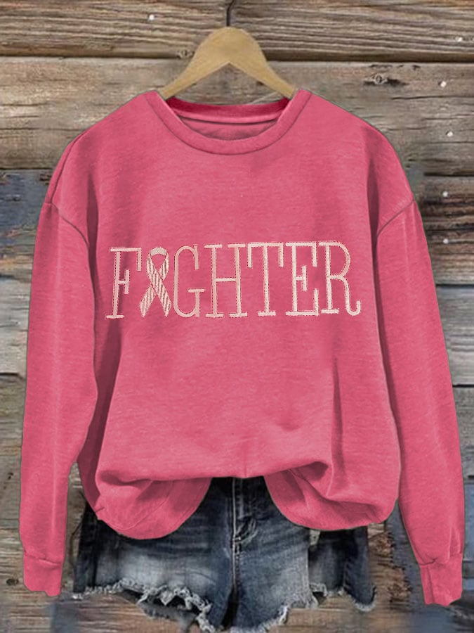 Retro Breast Cancer Awareness Pink Ribbon Fighter Print Sweatshirt