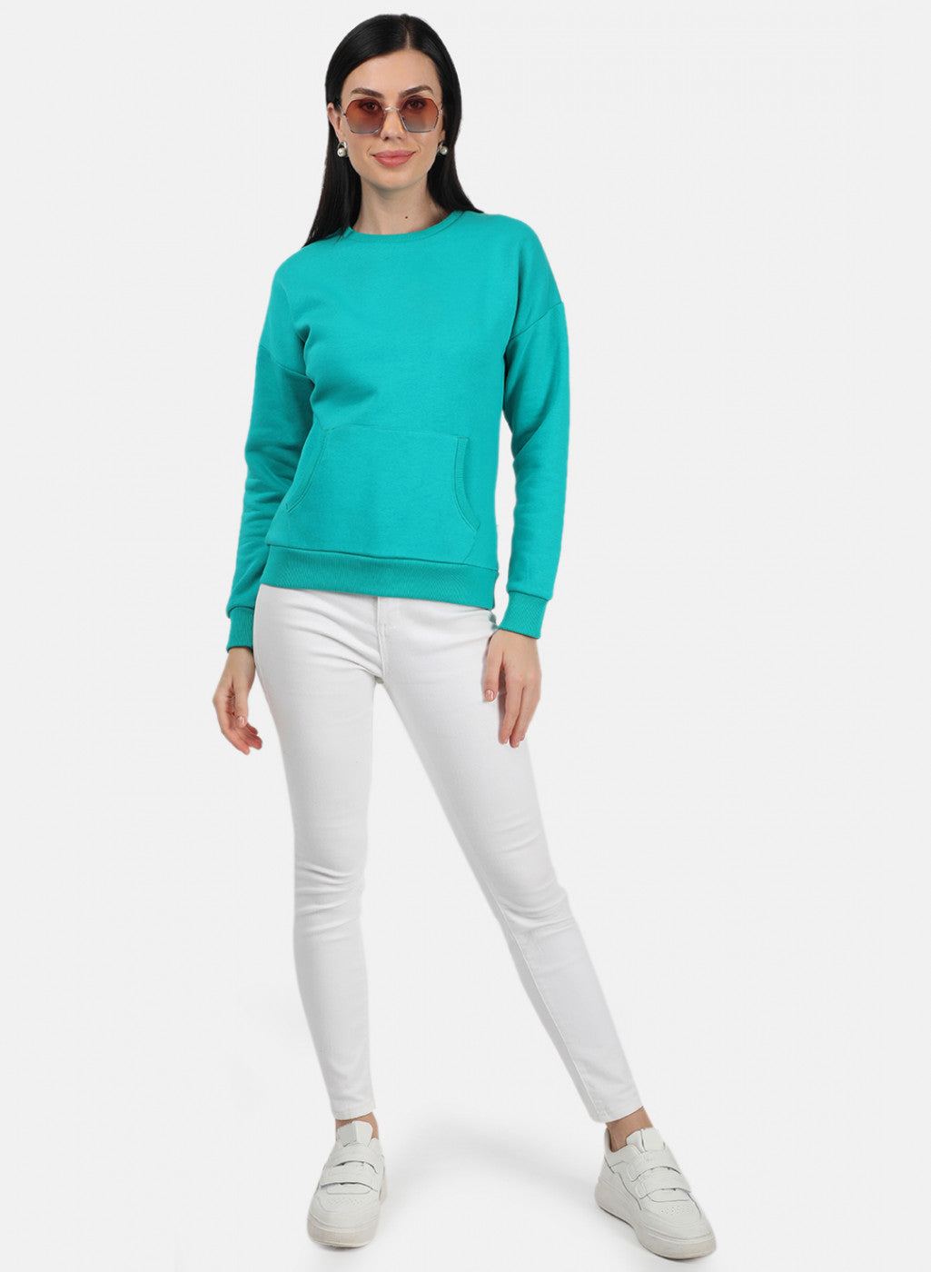 Women Green Plain Sweatshirt