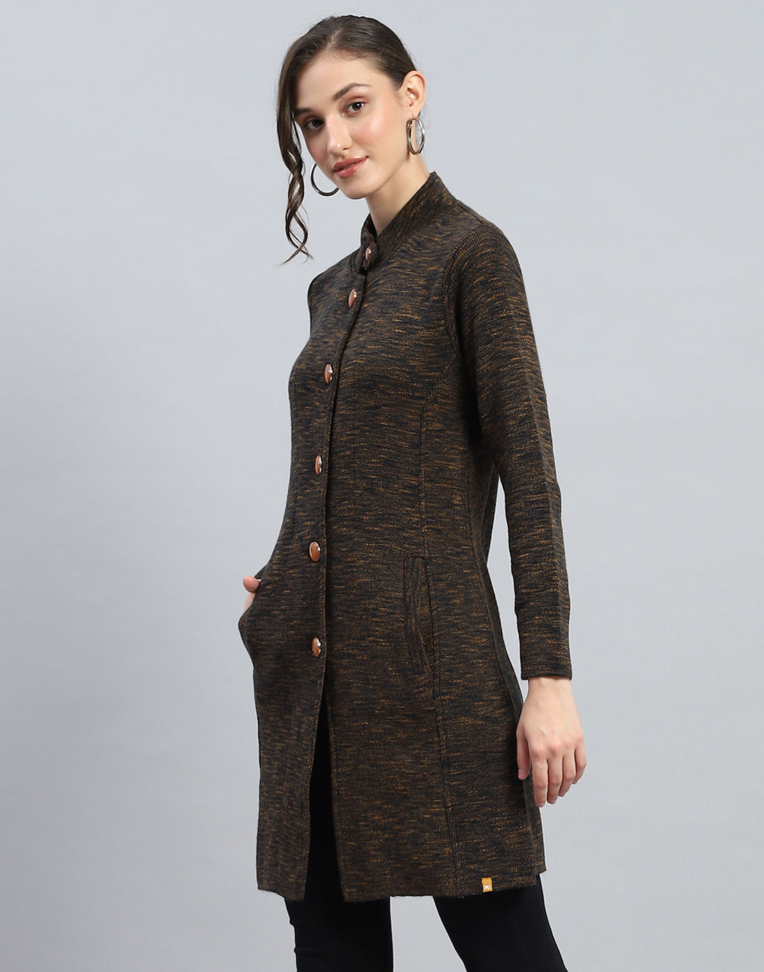 Women Brown Self Design High Neck Full Sleeve Knitted coat