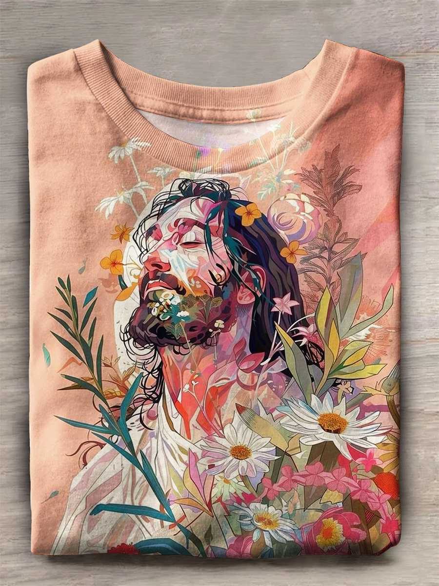 Floral Jesus Print Short Sleeve Top